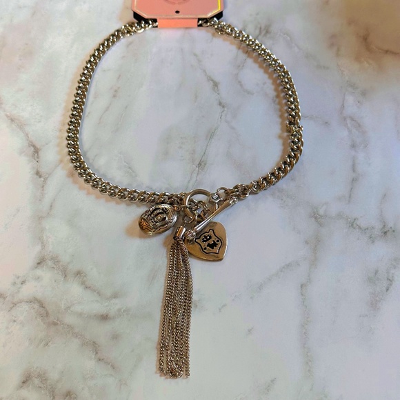 JUICY COUTURE Necklace Crystal Locket, Heart, Tassel Toggle Silvertone - Picture 2 of 5